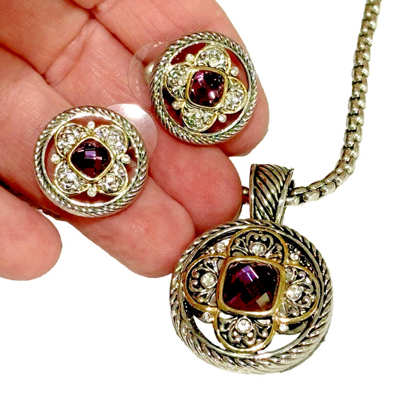 Fashion Jewelry Set Silver & Gold Necklace Pendant Pierced Earrings Purple Stone - Picture 4 of 9